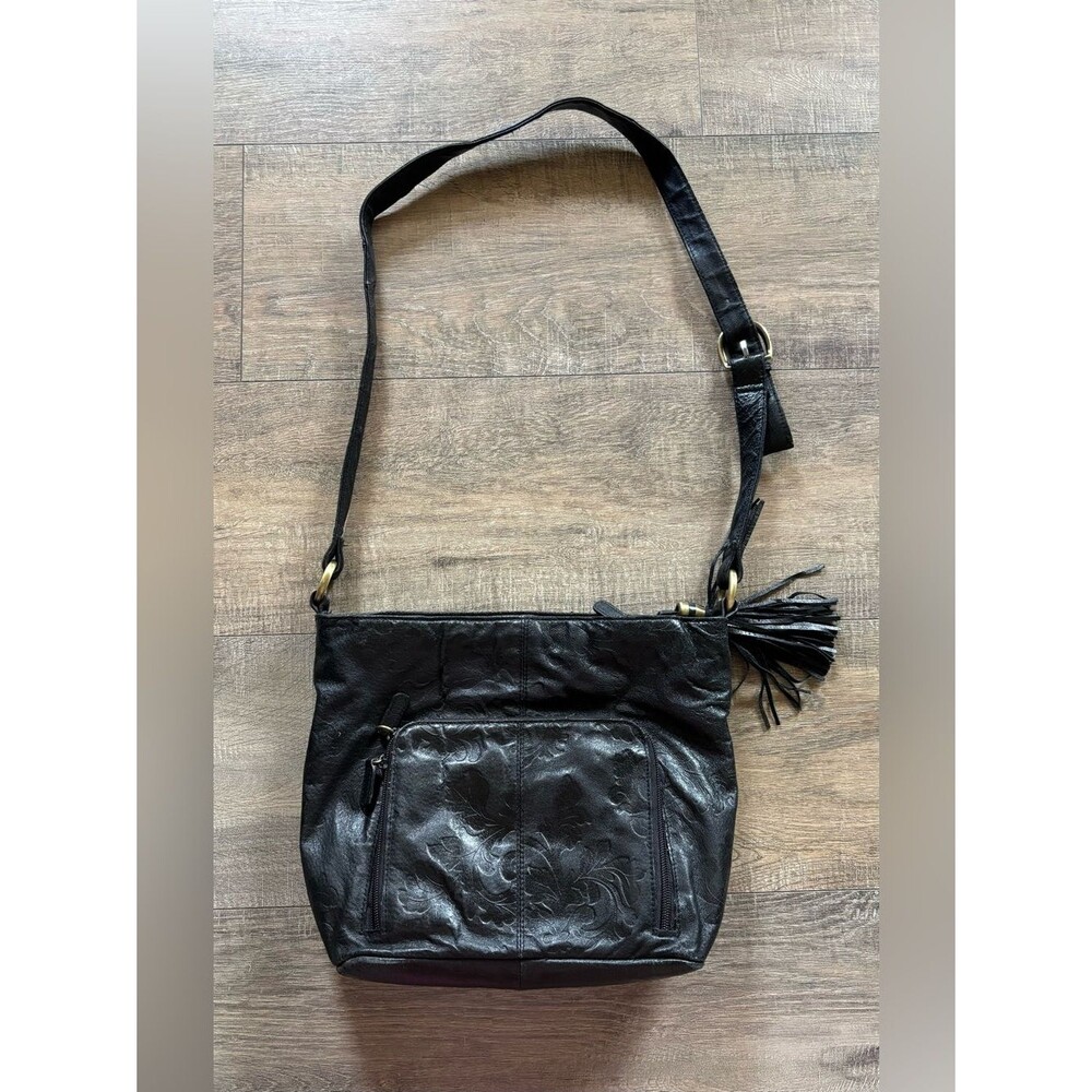 Cabin Creek black leather embossed floral detail western shoulder bag w tassel